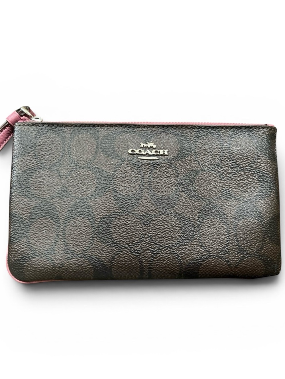 Coach Signature Canvas Brown Large Corner Zip with Pink Leather Trim Wristlet